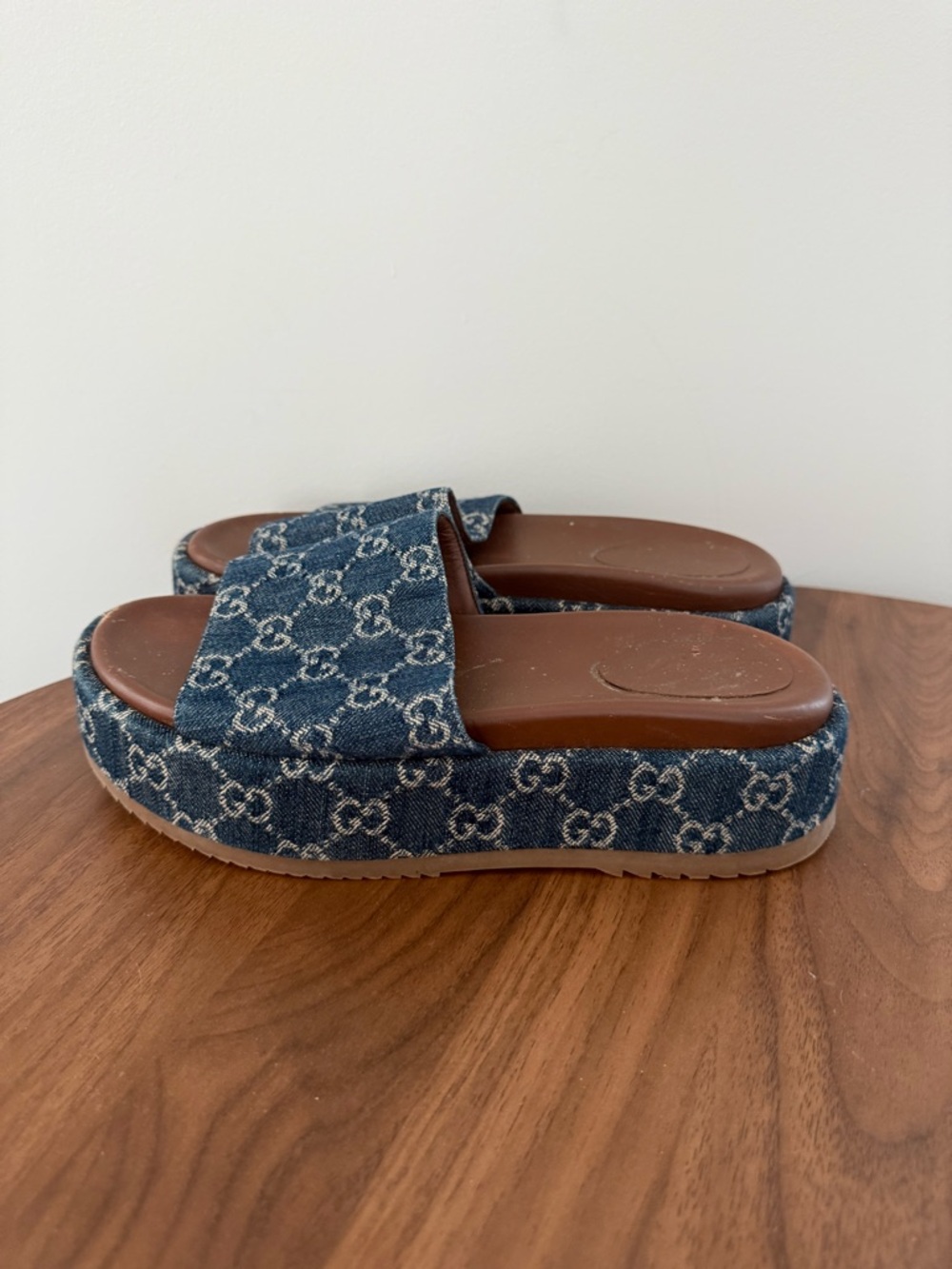 Gucci Blue Denim GG Logo Platform Slides with Brown Footbed